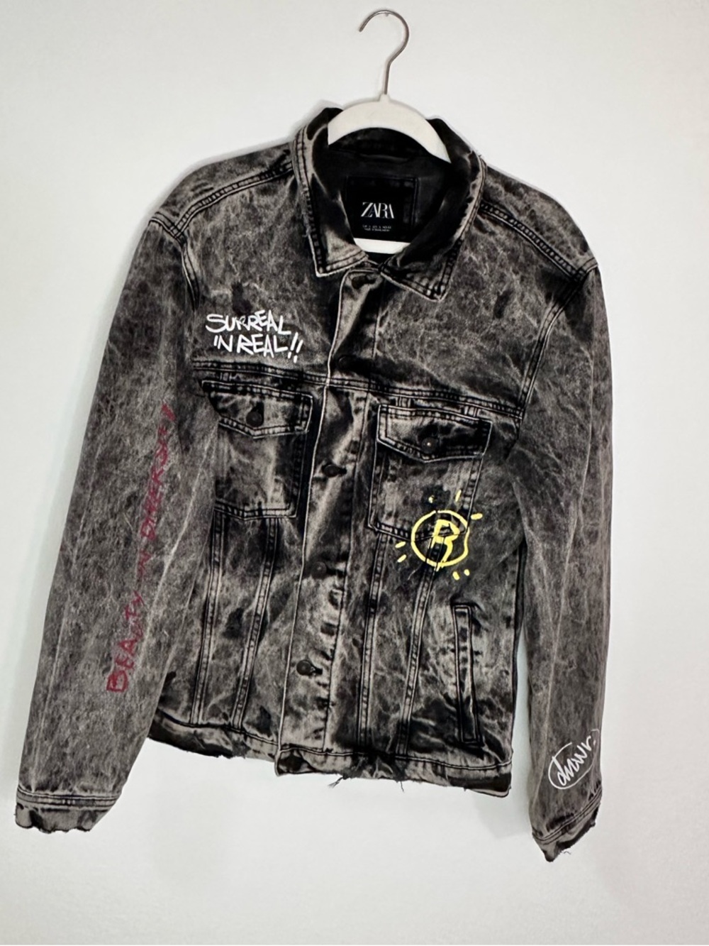 Zara Man Faded Black Leopard Printed Denim Jacket Size XL